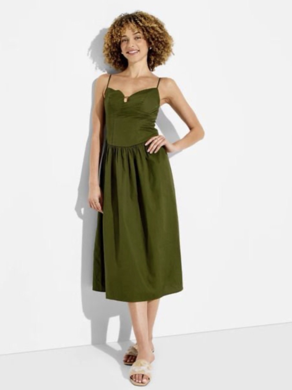Wild Fable Women's Keyhole Poplin Midi Dress Green NWT
